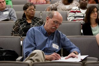 Jim Cannon a 6th grade teacher, takes notes during training in restorative justice practices and in the proper ways to implement the Escambia County Alternatives to Zero-tolerance Program.